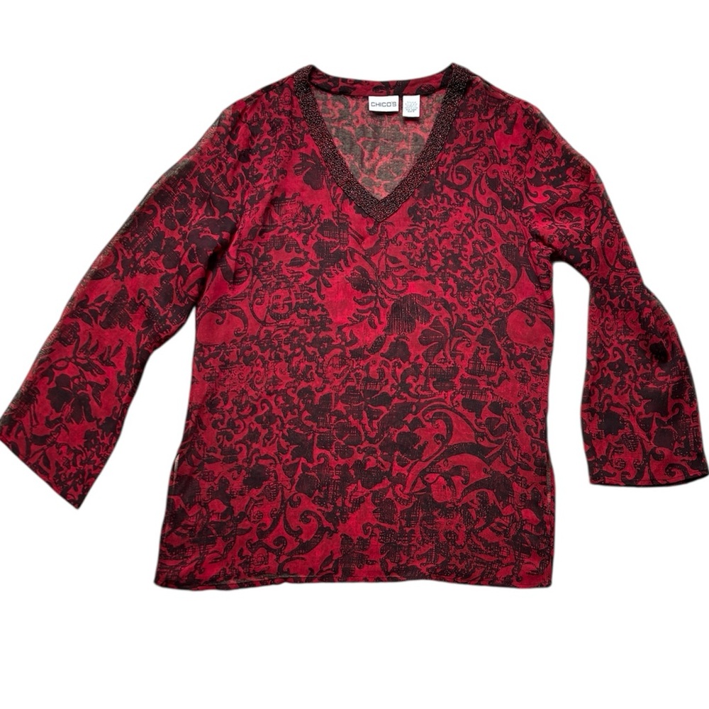 Chico’s Women’s Red & Black 100% Silk Beaded Neck Blouse Size 0 / Small